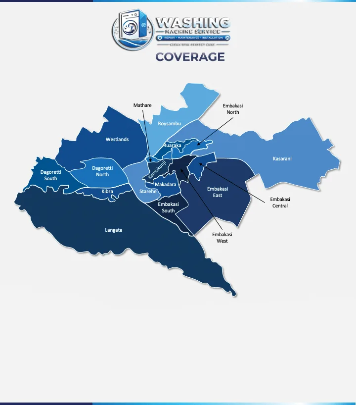 Map showing TechSmith Electronics washing machine repair coverage across Nairobi estates